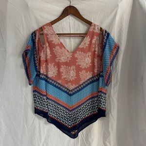 Boho Mixed Print Cold-Shoulder Blouse — Coral & Navy